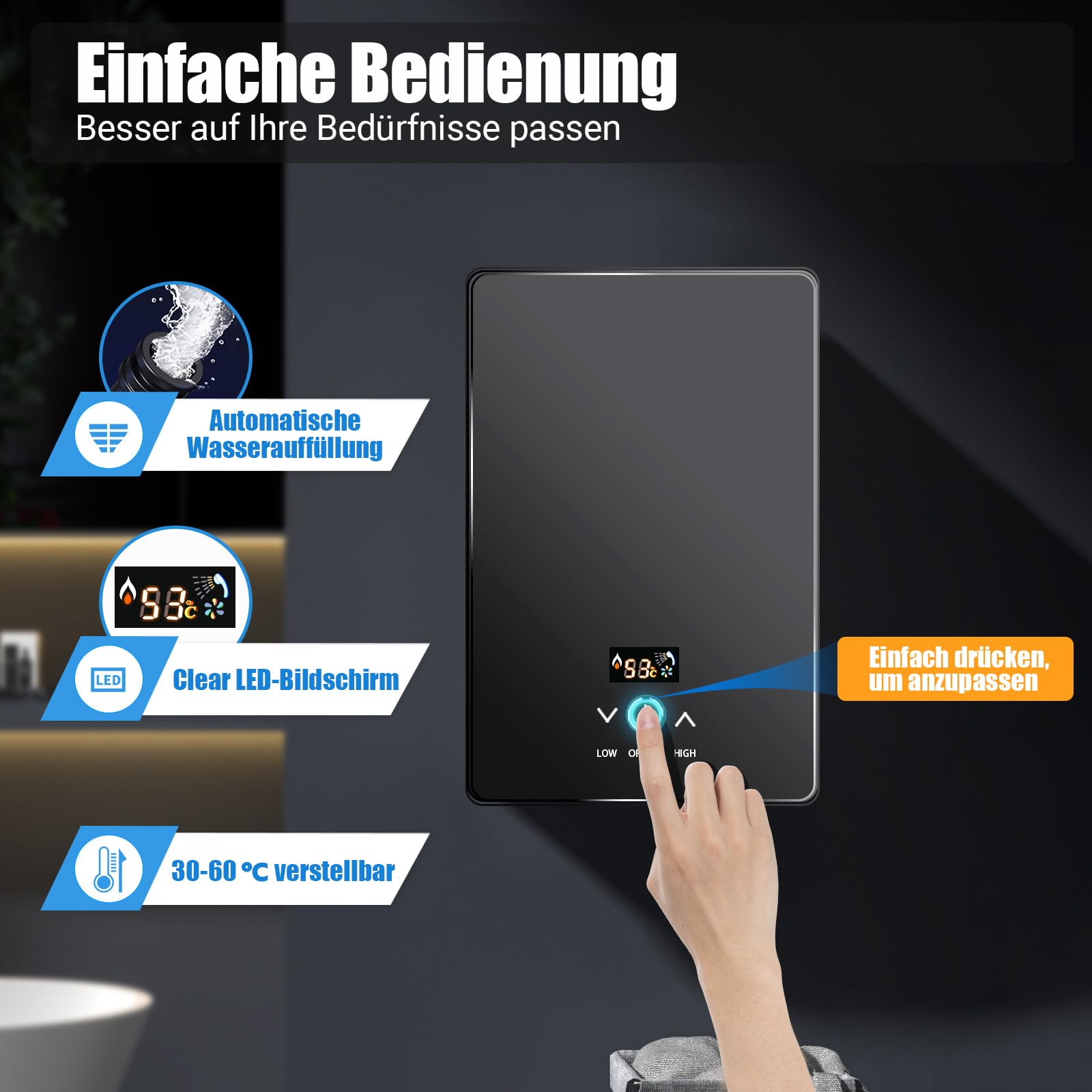 6500W Mini Durchlauferhitzer Dusche 230v Küche Elektrische Warmwasserbereiter with Duschdüse, Tankless Dusche Heißwassersystem mit Bad Dusche Kit, für Badezimmer Küche (Schwarz)