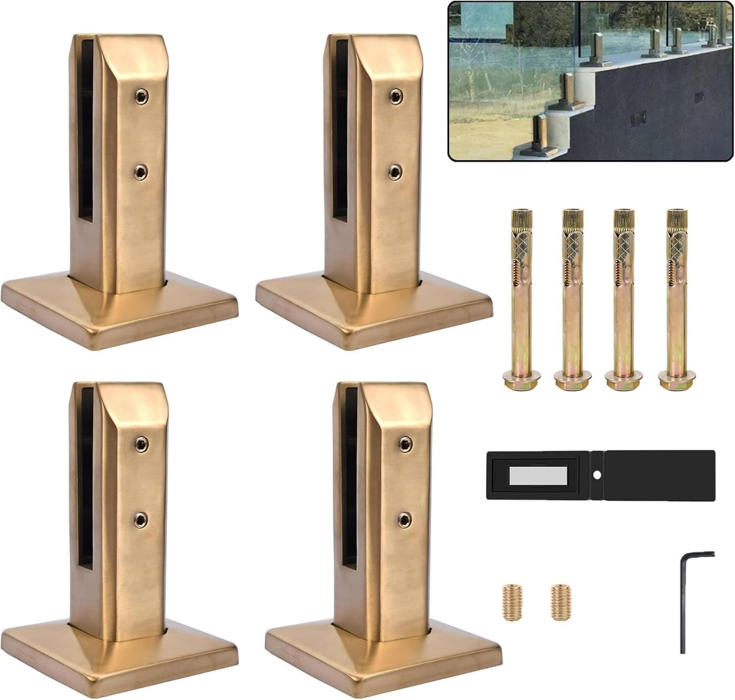 Jvfbjlf Gold4 Piece 304 Stainless Steel Square Glass Panel Clip Swimming Pool Fence Spigot Balcony Fence Clip Spigot Railing Post Bracket For Balcony Garden Terrace Handrail(160Mm)