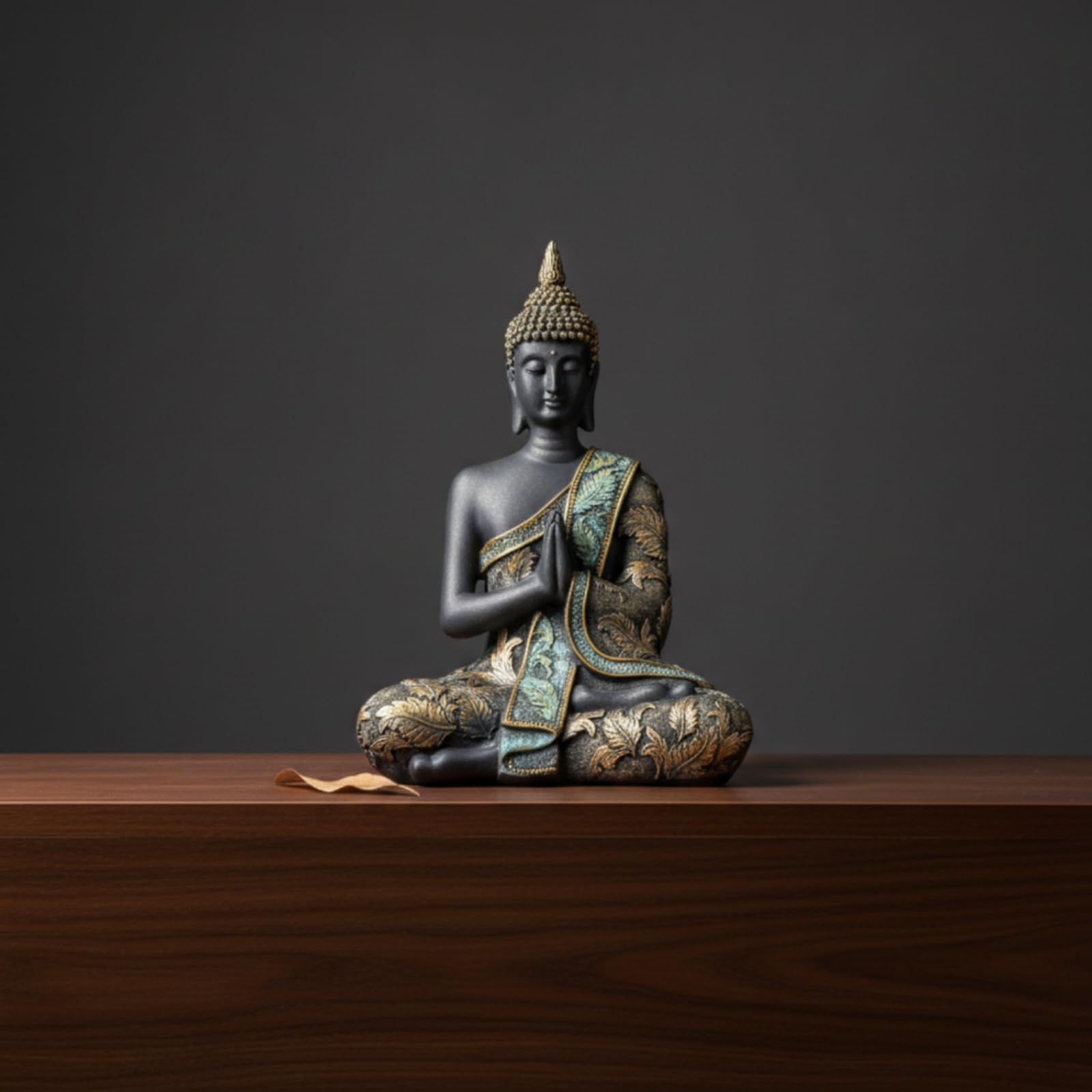 Colcolo Estatua Buda Decorativa Figura Escultura Ornamento Imagen Resina Artesanal con Túnica Ornamentada sobre un Hombro Cuerpo Oscuro Gran Detalle Adecuada