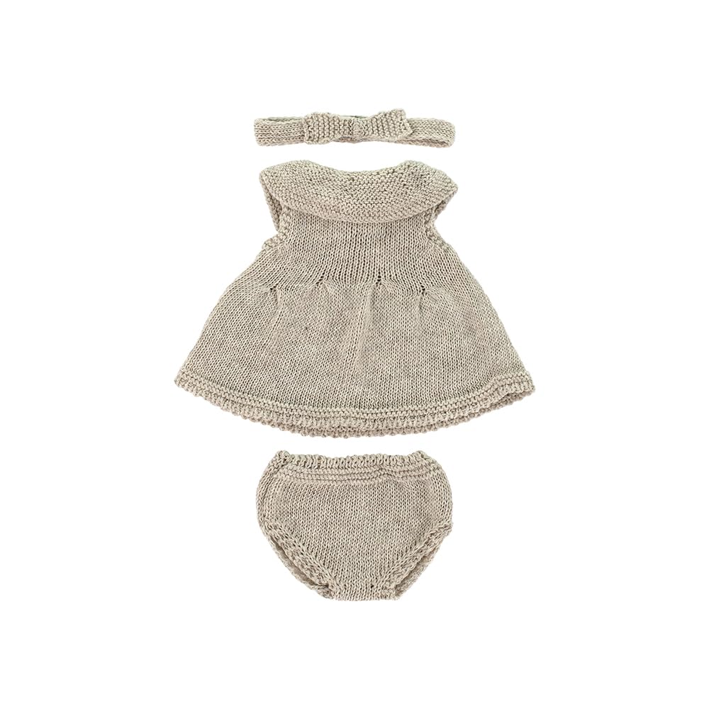Miniland - Set of Recycled Knitwear for 32 cm Miniland Dolls Doll - Dress and Headband, Beige, 31653