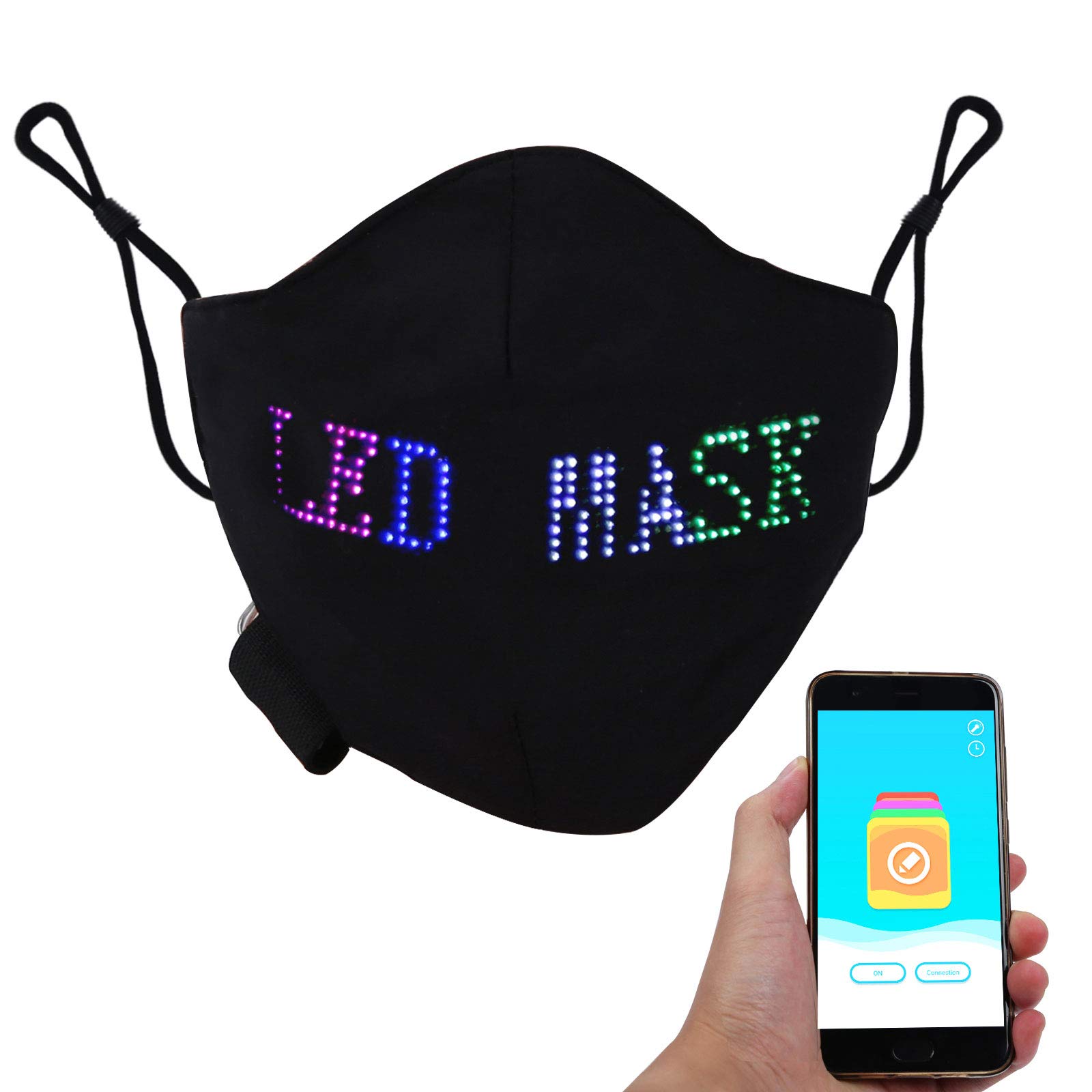 LIOVODE LED Light up Programmable Message Display Face Mask,APP DIY Graffiti Glowing Luminous USB Rechargeable Rave Flashing Mask for Halloween Festival Party Black