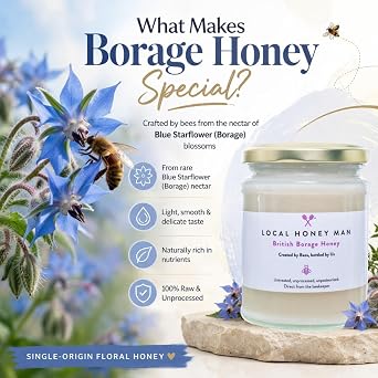 Local Honey Man British Borage Honey, 255g Pure Raw Honey, Untreated & Unprocessed, Unpasteurised, Easy to Use in Drinks