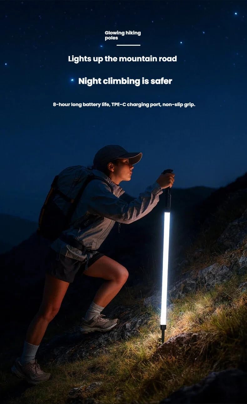 Light-Up Trekking Poles with Red SOS Mode, USB C Rechargeable LED Hiking Poles for Night Hiking, Waterproof & Lightweight with Tungsten Carbide Tip & Snow Basket
