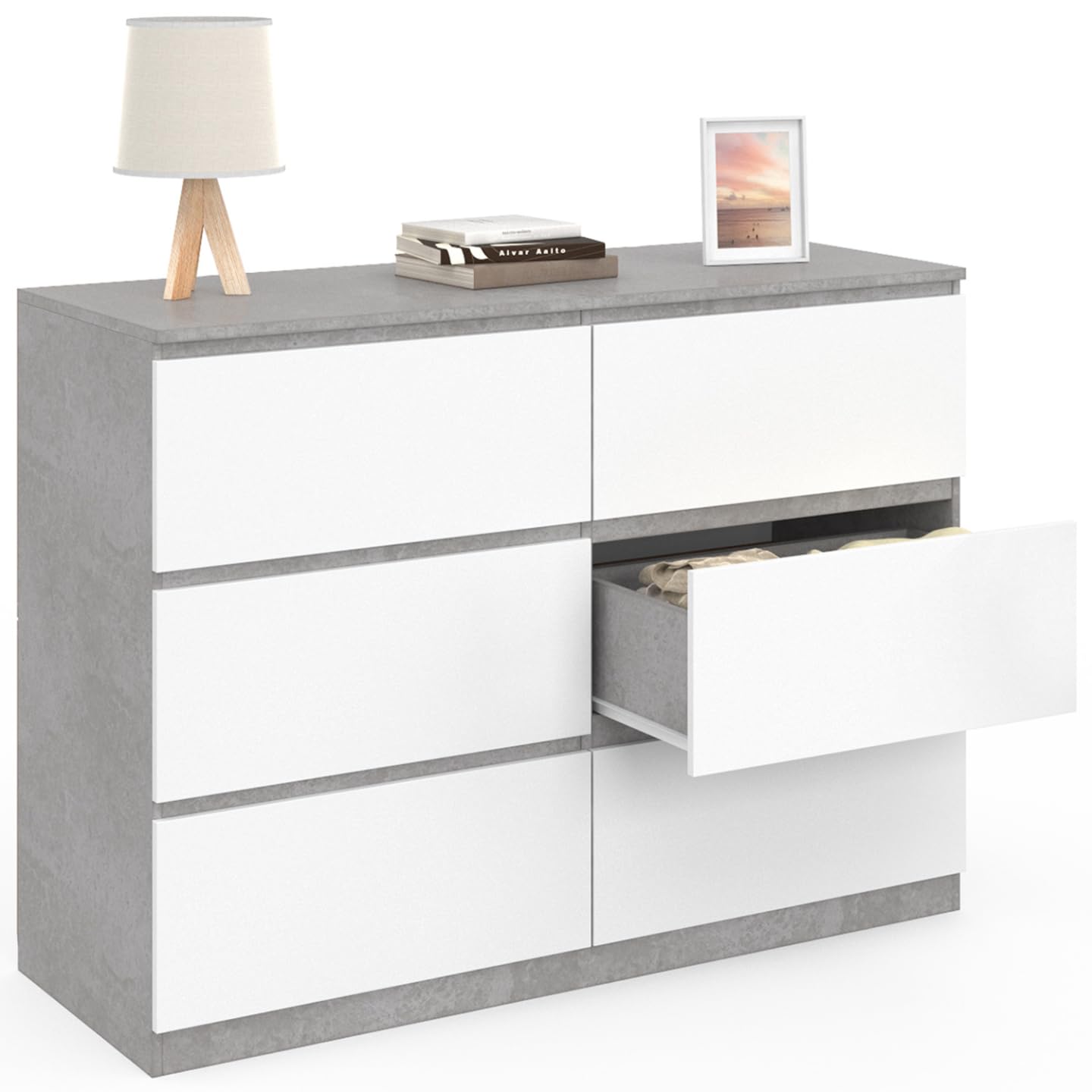 IDMarket - Commode 6 tiroirs TOMI 110 cm Blanc et Effet béton