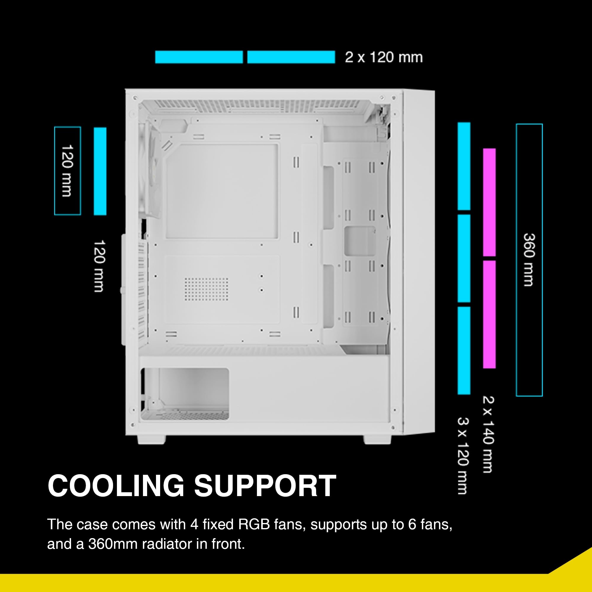 Carcasa para computadora de videojuegos ATX Mid Tower blanca con vidrio templado lateral, 4 ventiladores ARGB de 4.724 in, soporta hasta 6 ventiladores de 4.724 in, AIO/radiador de 14.173 in 2