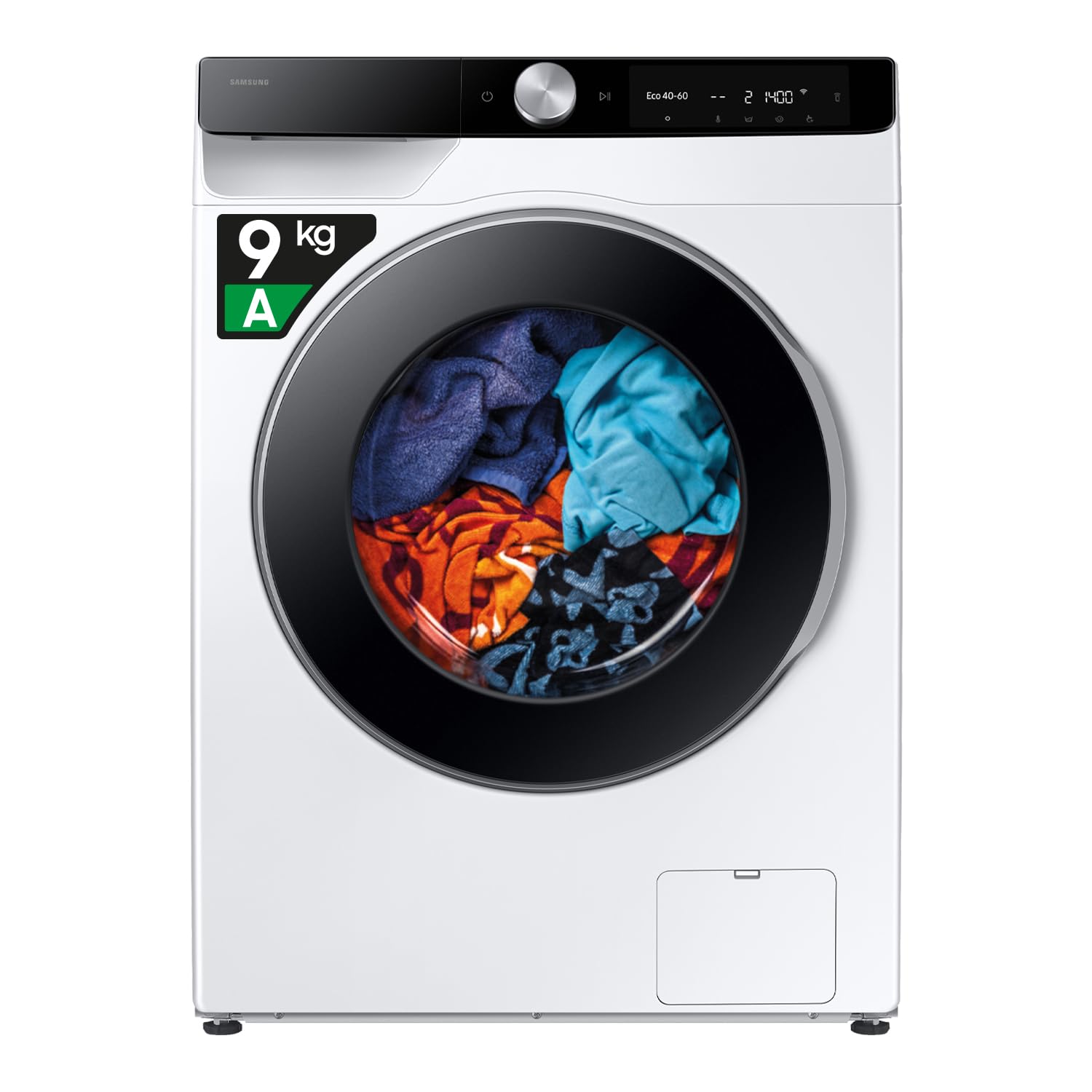 Samsung Lavatrice Slim AI Control F-WM906G94LK3M, 9 Kg, Wifi, Ecodosatore, AI Energy Mode, Carica Frontale, 3 Mesi Garanzia Extra, Corpo: Bianco, Oblò e Pannello: Nero, 59,5l x 85h x 46,5p cm