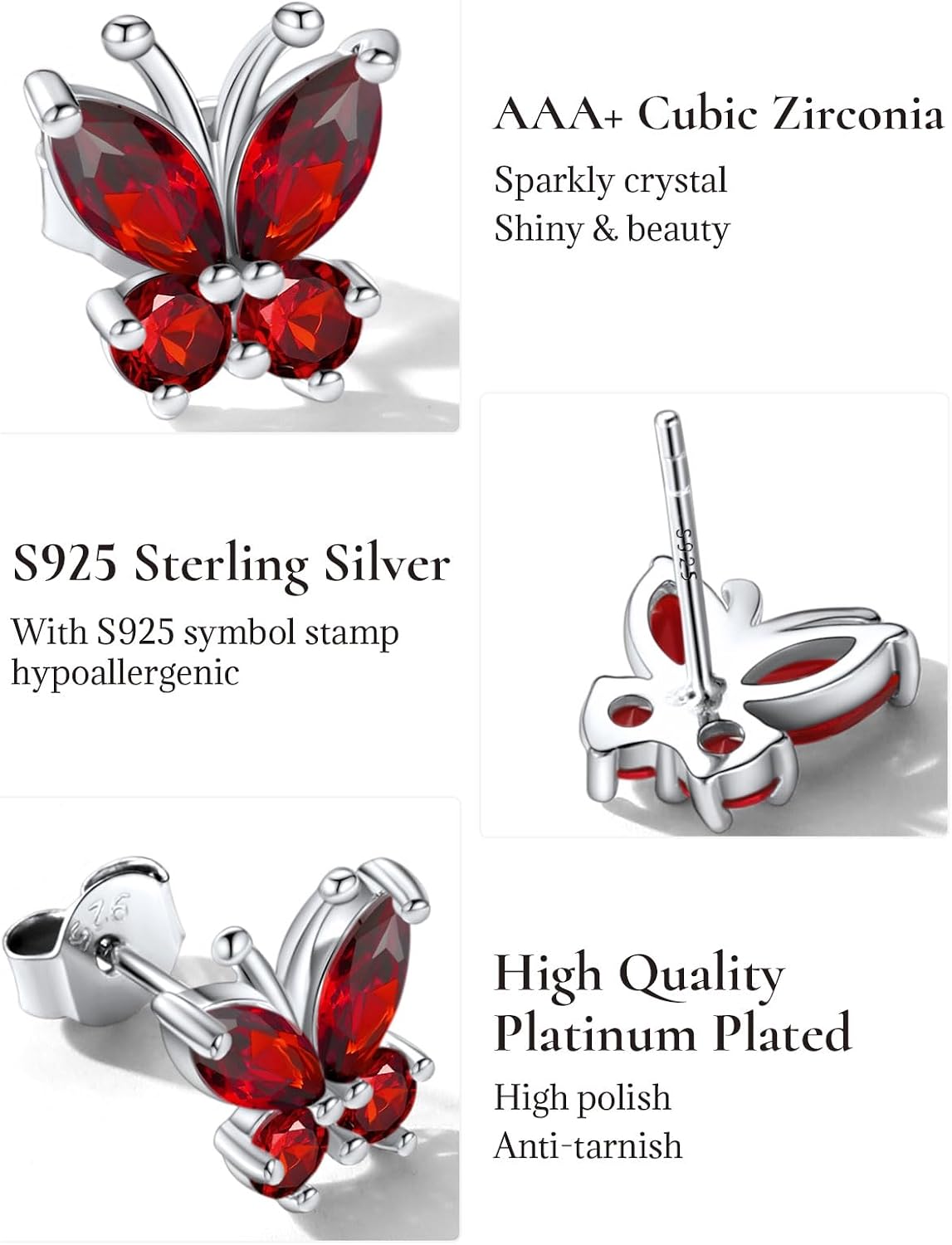 SILVERCUTE 925 Sterling Silver Butterfly Earrings for Women,Butterfly Birthstone Stud Earring/Ear Cuffs,Hypoallergenic Birthday Earrings for Women