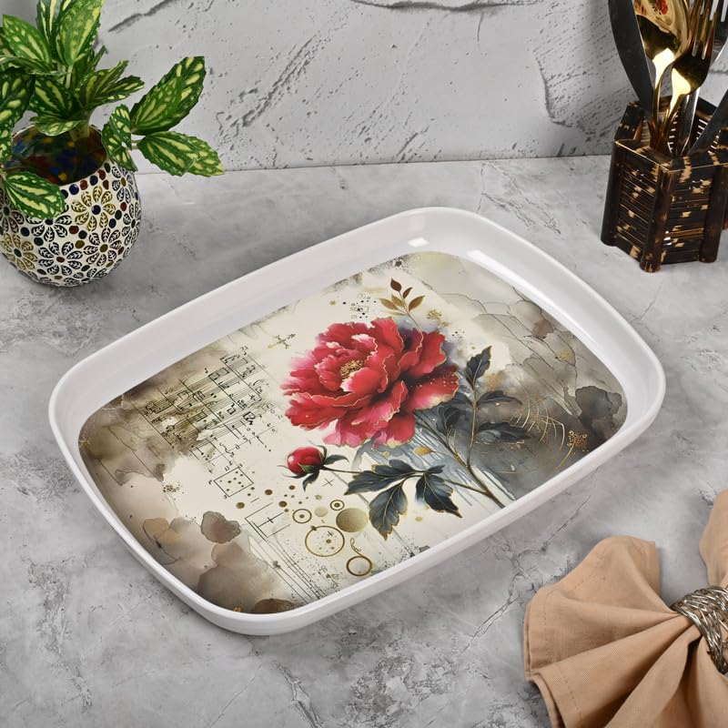 Image of Golden Fish Serving Tray Set of 2 with Floral Print, Rectangular Rounded Edge Tray for Kitchen, Dining & Tea Serving, Lightweight Durable Multipurpose Food & Snack Tray
