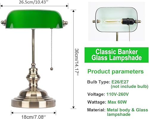 Miniatura 3 de Lámpara de escritorio de cristal verde, lámparas de escritorio antiguas con base de latón, lámpara de biblioteca tradicional con cadena de tracción,
