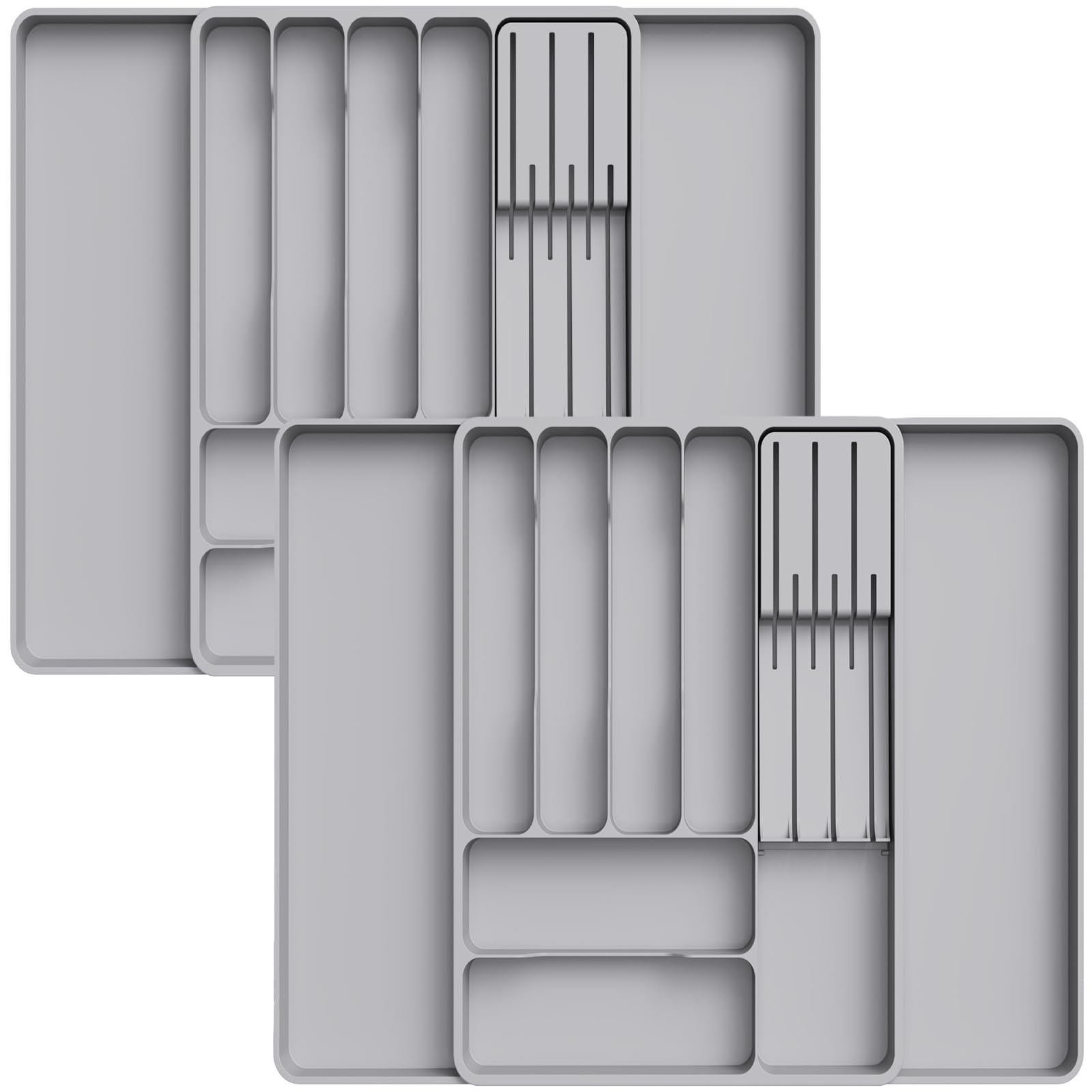 Lifewit 2 Pack Cutlery Drawer Organiser for Kitchen, Expandable Cutlery Tray, Adjustable Utensil and Silverware Holder, Plastic Flatware Spoons Forks Storage Insert, Large, Grey