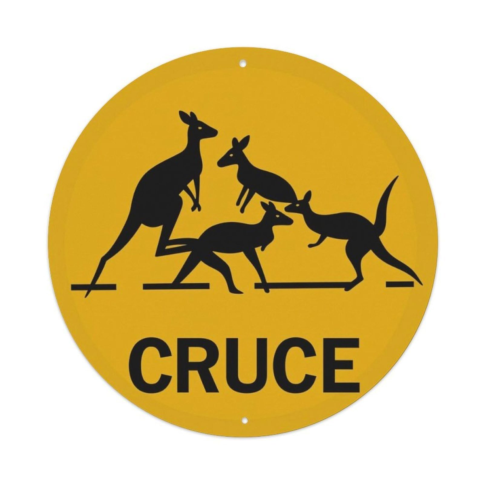 Spanish Kangaroo Crossing Warning Round Sign Vintage Aluminium Metal Sign, Retro Wall Decor for Home, Bar, Garage & Farmhouse 20x20cm