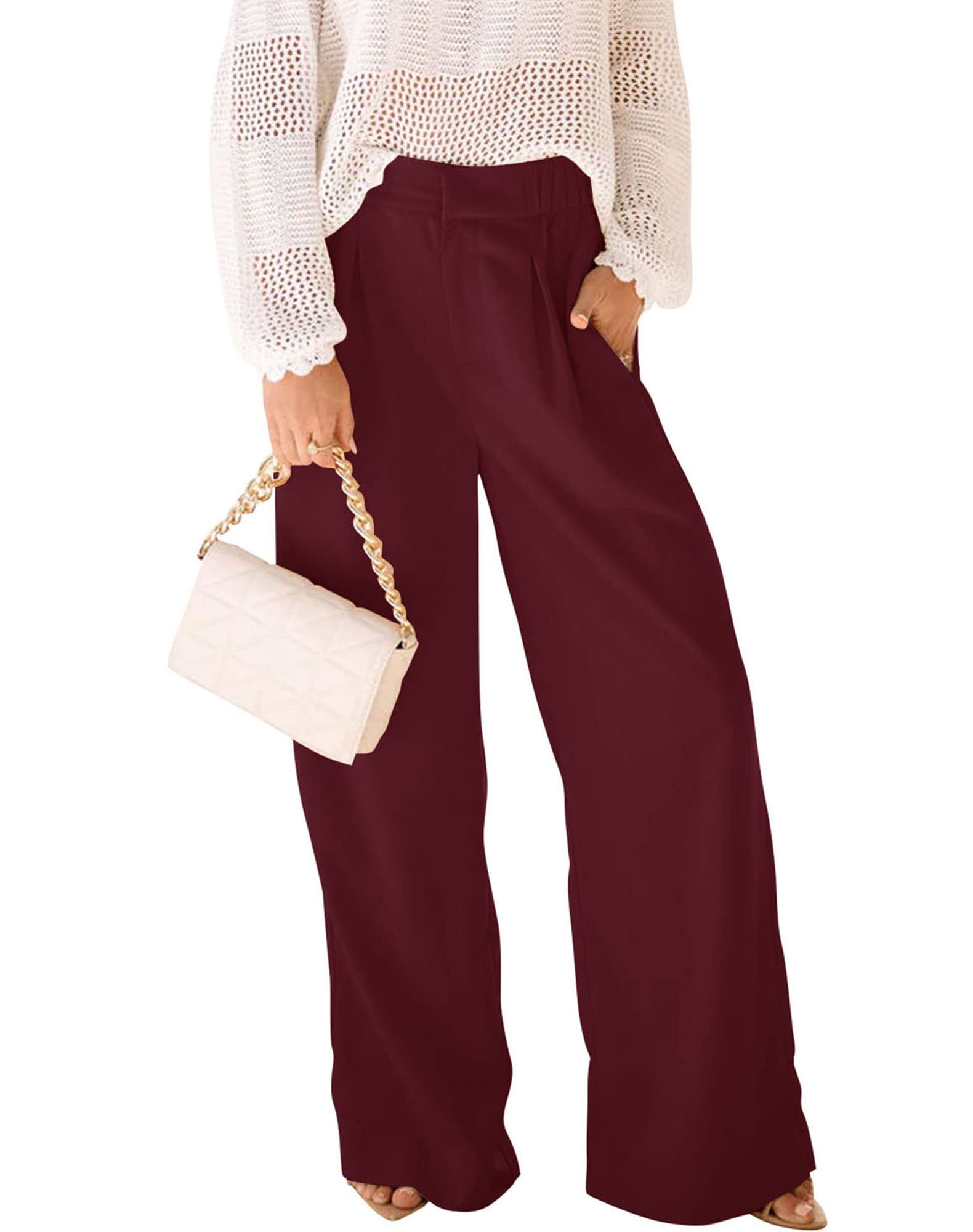 HilltichuWomens High Rise Pocketed Wide Leg Pants Casual Long Palazzo Trousers