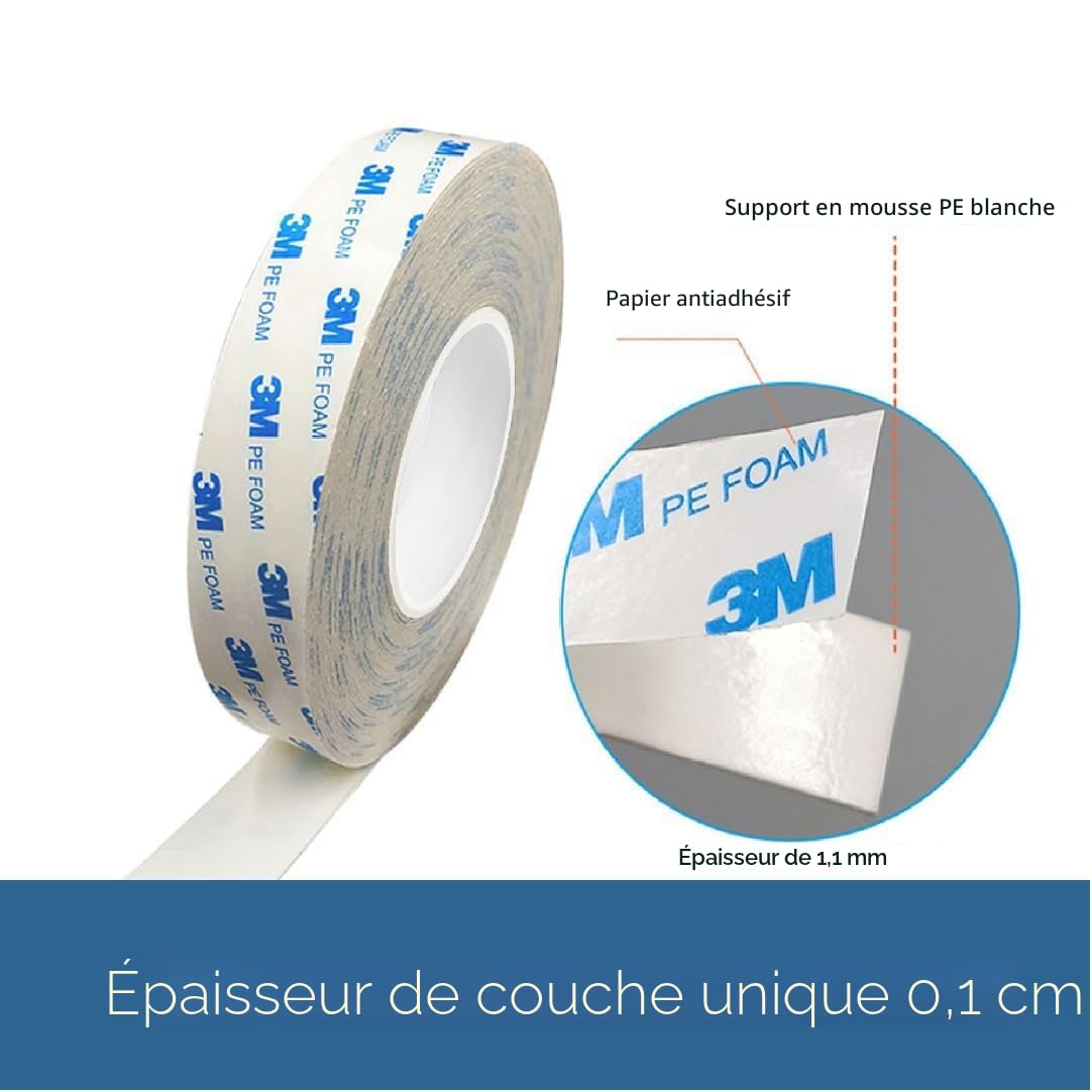 Ruban Adhésif Double Face 3M 1600T Étanche Mousse PE 19mm x 3m