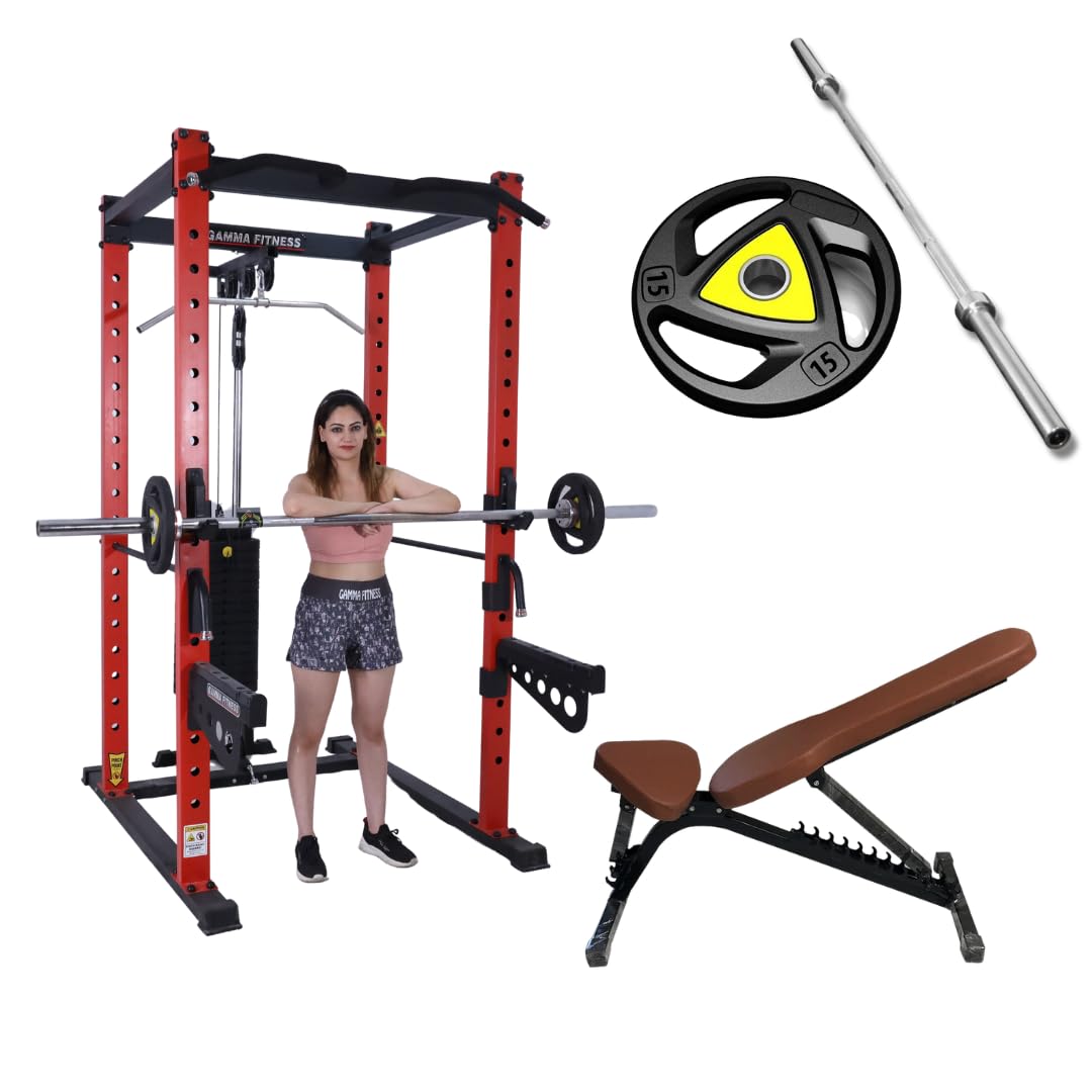 Gamma Fitness Power Squat Rack PR-42 Package with Adjustable Gym Bench, Olympic Rubber Coated Plates and 7 Feet Olympic Rod for Professional Home Gym Setup Machine PRC-42-image-21