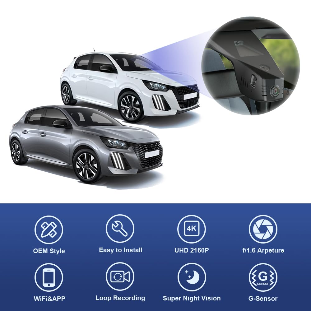 Fitcamx Dashcam 4K Adatta per Peugeot 208, e-208 2020 2021 2022 2023 2024 2025 (HD2-9316), OEM Cameras di Guida, UHD 2160P Video WiFi, G-Sensor, Registrazione Circolare, WDR, Plug&Play, Scheda da 64GB