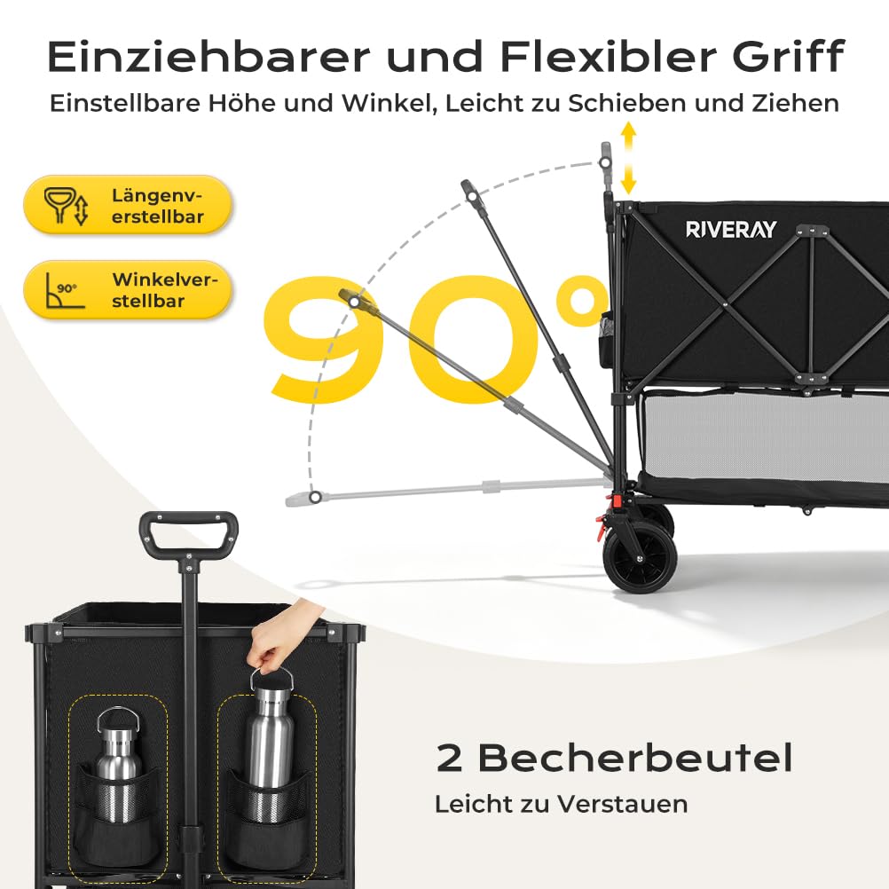 Doppeldecker Bollerwagen Faltbar, 400L Extra Lange Klappbollerwagen | Faltbarer Bollerwagen All Terrain Rädern, Getränkehalter, Verstellbarer Griff Für Camping Garten Festival Strand