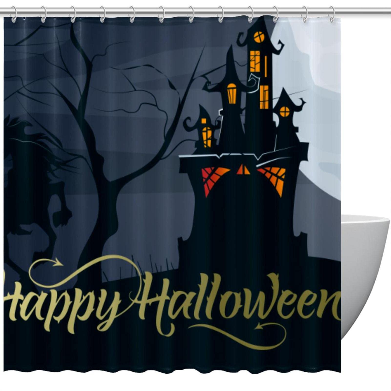 Rideau de douche avec inscription Happy Halloween citrouille lune château pour bain enfant 183 cm