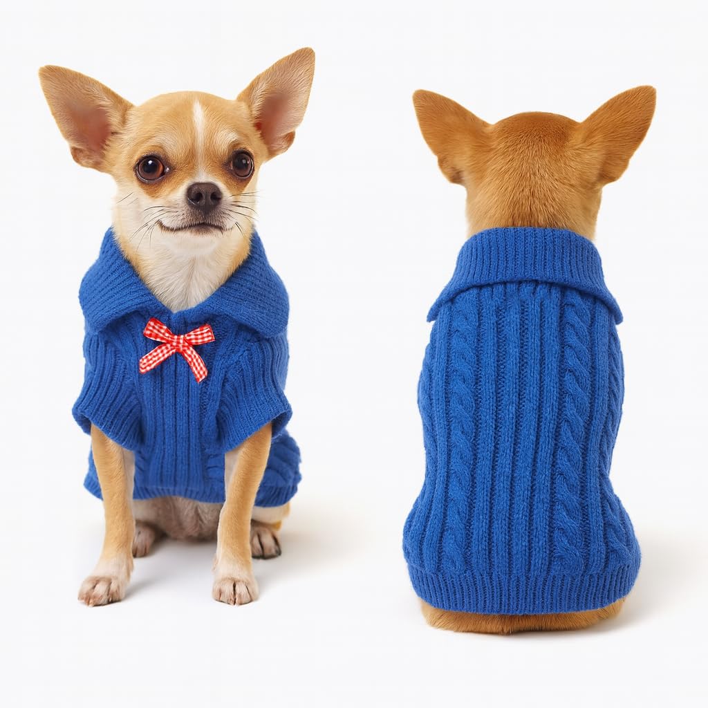 Peybaiwy Small Dog Pullover Sweater Puppy Cat Knit Lapel Bow Sweater Clothes Doggy Fall Winter Warm Coat Outfit for Dogs Boy Girl (Blue, M)