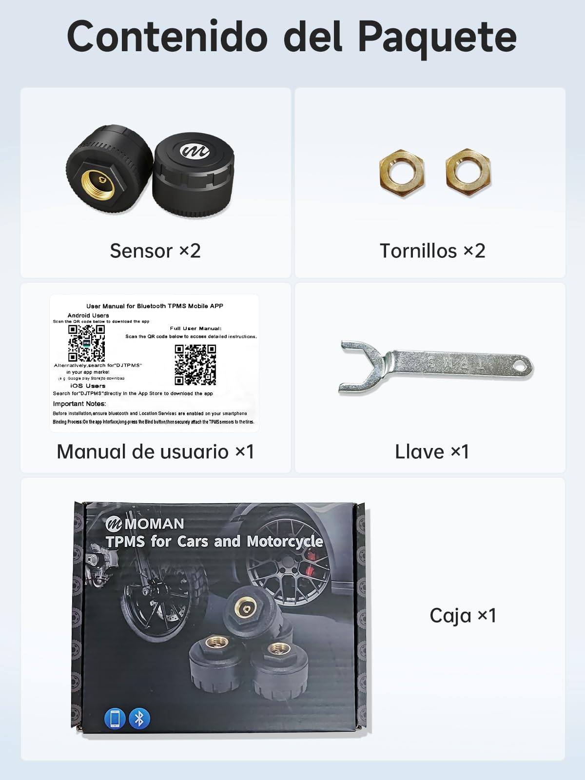 Moman Sistema TPMS Moto 2 Sensores, Monitor Presión y Temperatura Neumáticos con Alarma Manómetro de Presión de Neumáticos, Inalámbrico Solo iOS