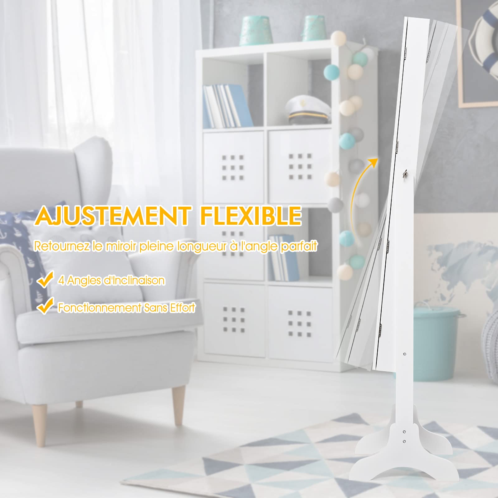 RELAX4LIFE Armoire à Bijoux sur Pieds avec Miroir Pleine Longueur HD 4 Angles Réglables, Armoire à Bijoux avec Grand Espace de Rangement pour Chambre, Vestiaire, Salle de Bain (Blanc)