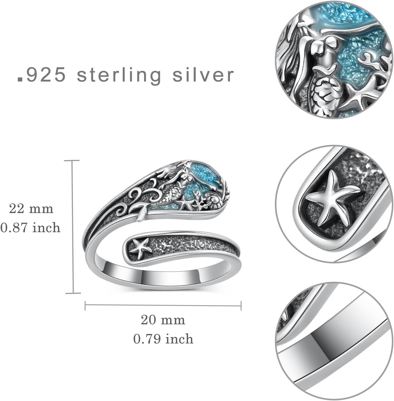 Mermaid Ring 925 Sterling Silver Mermaid Spoon Rings Ocean Jewelry Gifts for Women