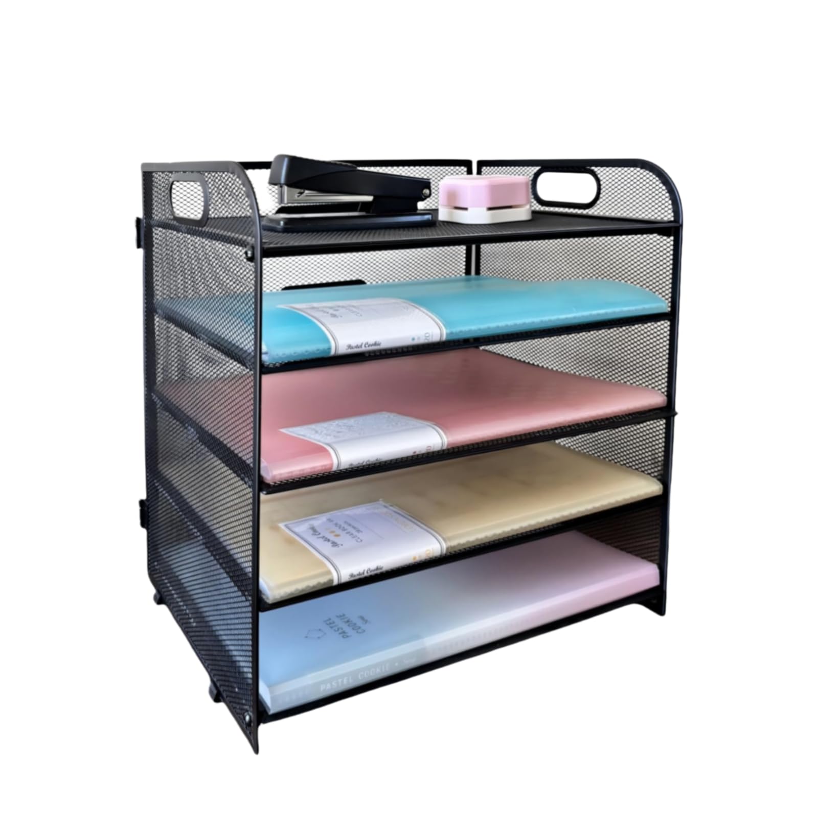 ECIC 5 Trays Paper Organizer Letter Tray with Handle-Mesh Desk File Organizer, Paper Sorter for Office, Home or School, Black image 1
