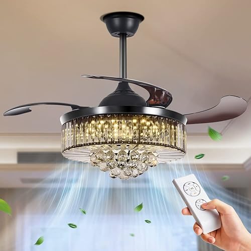 BIGBANBAN - Ventilador de techo de 42 pulgadas con luz, ventilador de techo retráctil de cristal LED para dormitorio, sala de estar, comedor