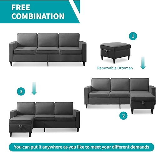 Miniatura 2 de BALUS Sofá combinado convertible de 78 pulgadas de ancho, sofá seccional en forma de L, sofá de lino con otomana de almacenamiento reversible, sala