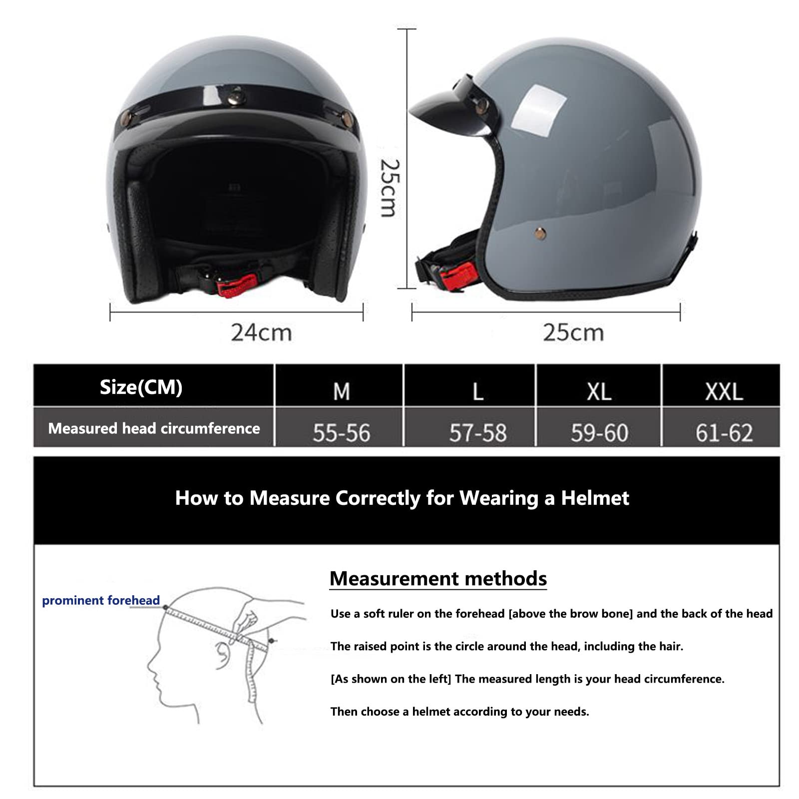 3/4 Casco Abierto Classic Casco Moto Jet Casco Moto Retro Cascos de Ciclomotor con Visera Solar Adecuado para Ciclomotores Scooters Cruceros (55-62CM)