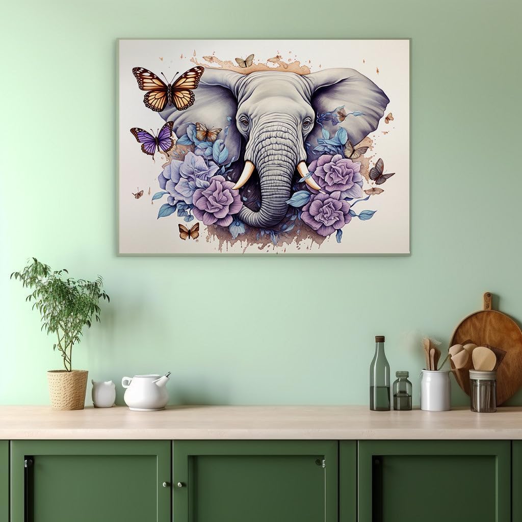 Canvas for Living room. Whispers of the Wild: An Elephant's Serene Encounter with Purple Roses and Orange Butterflies, 27 x 18 inch Canvas Wall Art - Ready to Hang - 69x46 cm (27x18 inch)