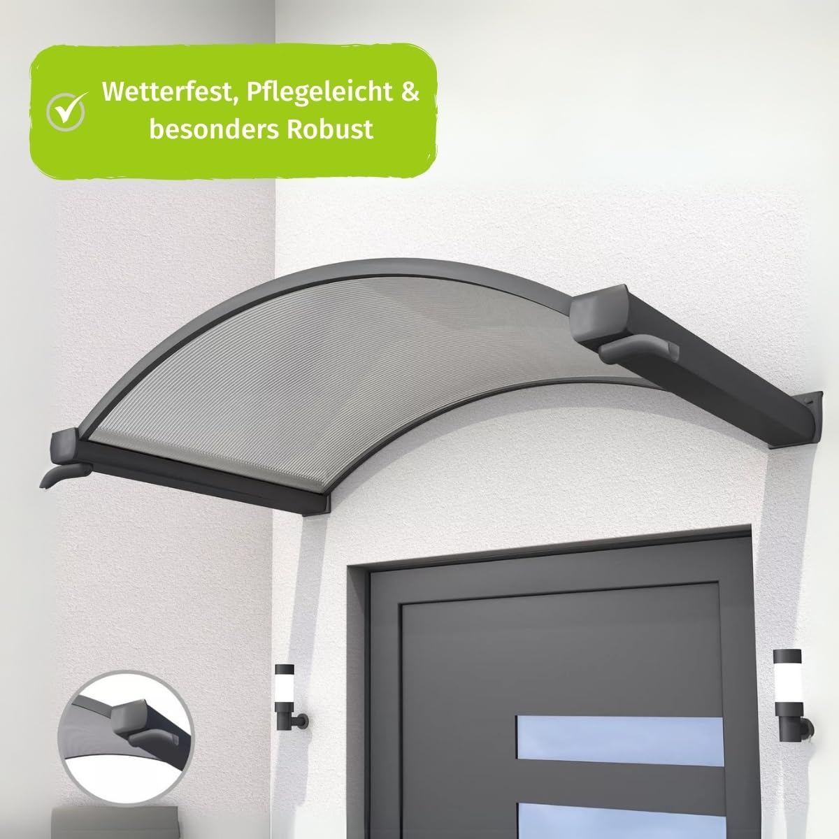 Gutta Vordach für Haustür - Türüberdachung Sonnenschutz für Eingang, Terrasse, Balkon & Fenster - Polycarbonat Aluminium sehr robust und langlebig - UV-Schutz & Regenschutz - 160 x 90 cm