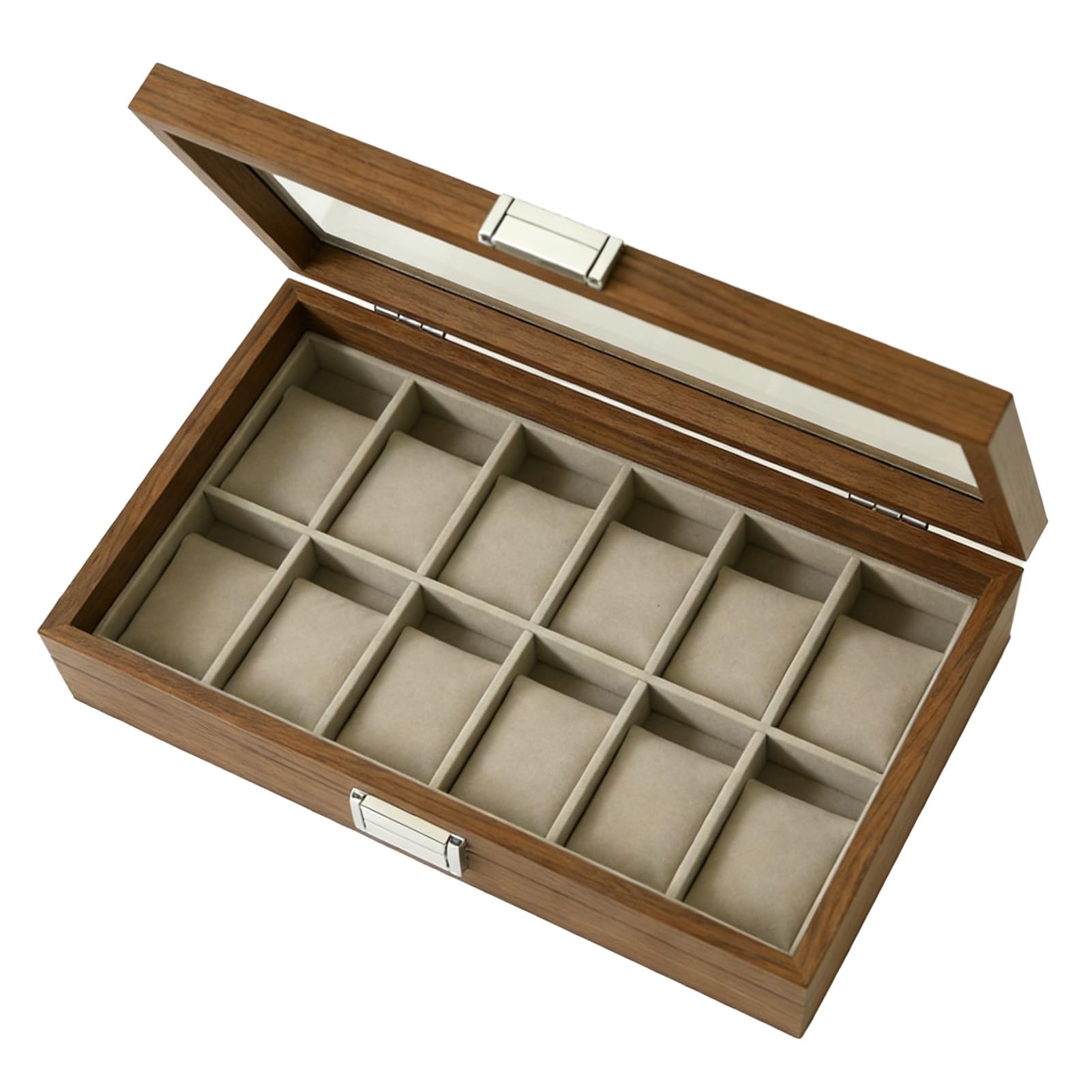 Fabater Scatola per Orologi, Coperchio in Vetro a 12 Scomparti, Pannello in MDF Rivestito in Velluto, Adatta per Vetrine per Orologi Meccanici Al Quarzo, Organizer per con Cuscino Rimovibile per,