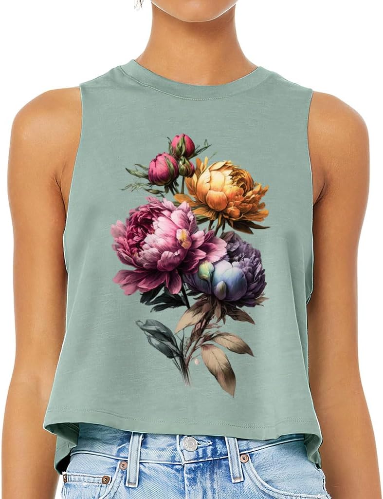 Colorful Peonies Racerback Cropped Tank - Multicolor Women's Tank - Flower Tank Top