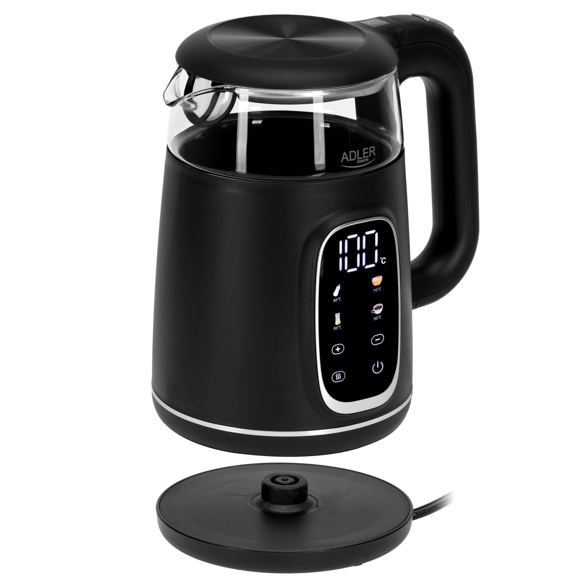 Hervidor eléctrico de vidrio Adler con control de temperatura – 1,7 L – Pantalla LED y control táctil – 5 programas de temperatura – Función de retención en caliente – 2200 W