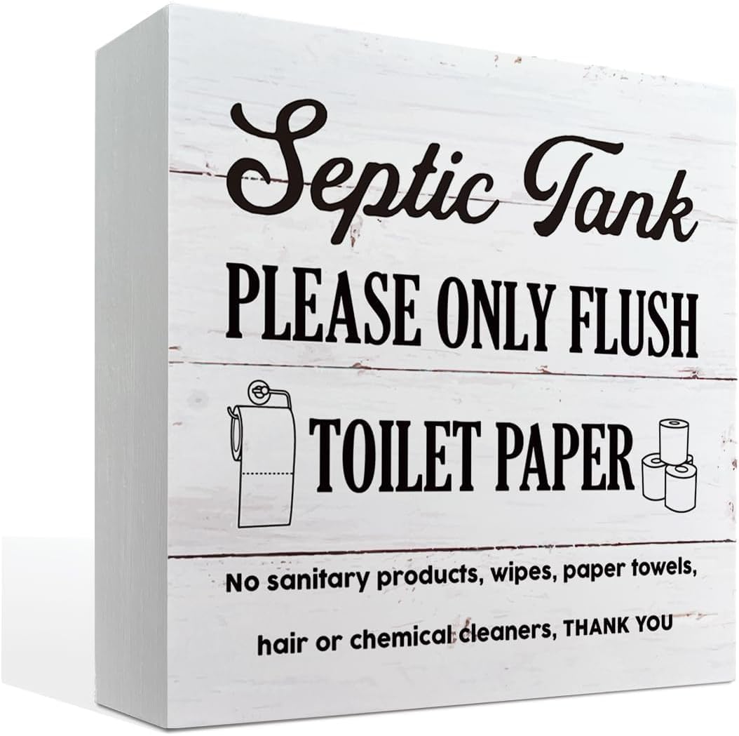 Pibonto Men's Desk Decor 5X5 Inch Septic Tank Sign - Farmhouse Bathroom Decor - White Wooden Block