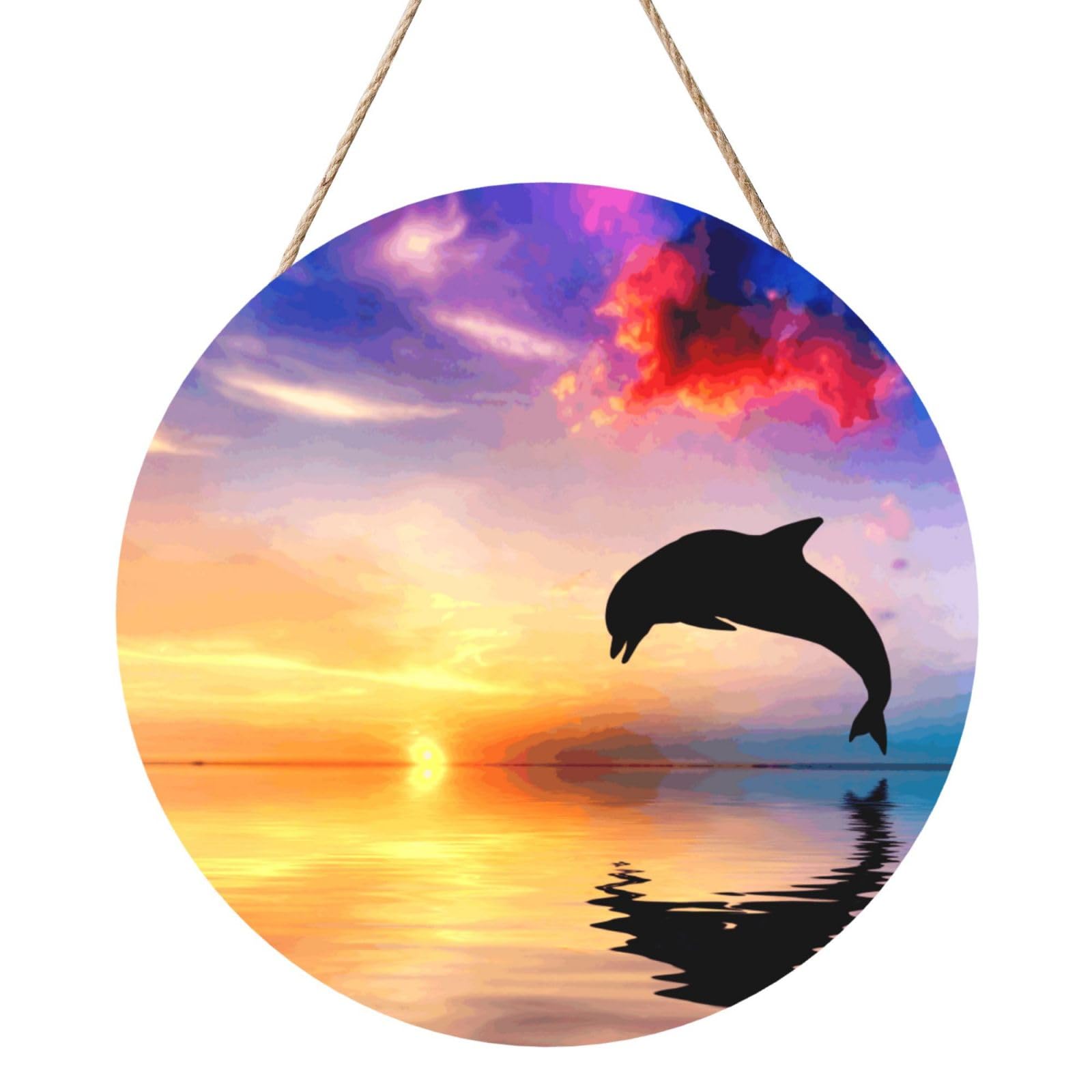 InOmak Dolphin Jumping, Round Wood Panel Painting 12 in, Wall Hanging Painting For Home