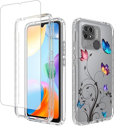 Miniatura 8 de Funda para Redmi 10C, Redmi 10 Power 220333QBI con protector de pantalla de vidrio templado, patrón floral transparente de cuerpo completo protector