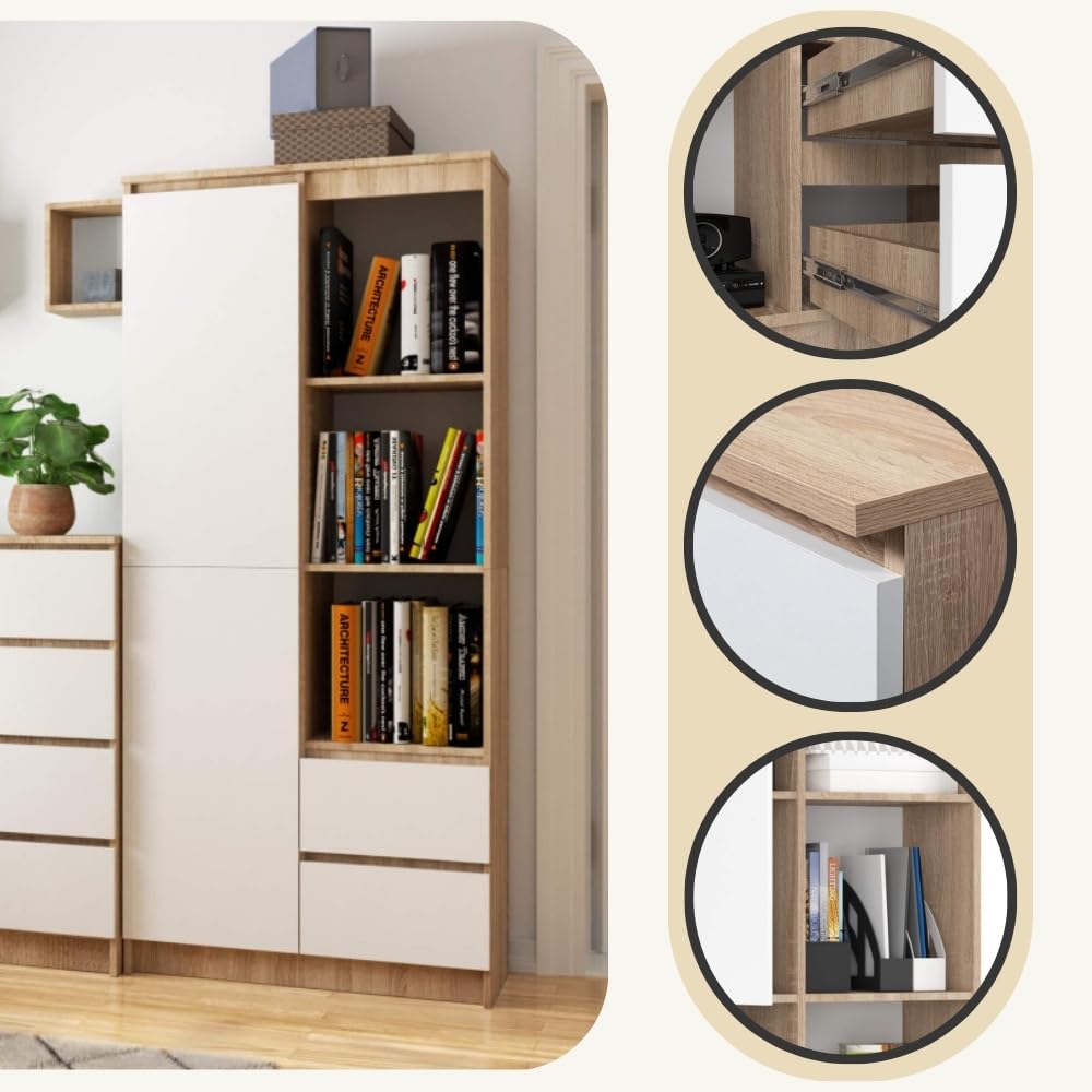 AKORD Büro-Bücherregal CLP 80 cm 7 Regale 2 Schubladen und Türen | für Dokumente Bücher für einen Schlafzimmerschrank Bücherregale Laminierte Platte 16 mm | Sonoma Eiche & Weiß Front
