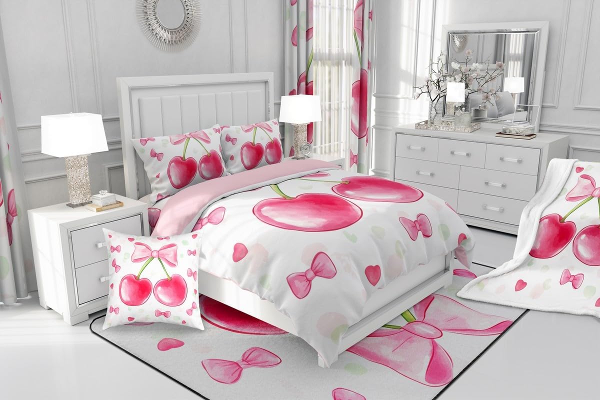 jejeloiu Pink Cherry Bedding Set Cherry Pattern Duvet Cover Set for Kids Boys Girls Cute Bowknot Bow Comforter Cover Cartoon Fruit Quilt Cover Bedroom Collection 2Pcs Toddler Size,No Comforter