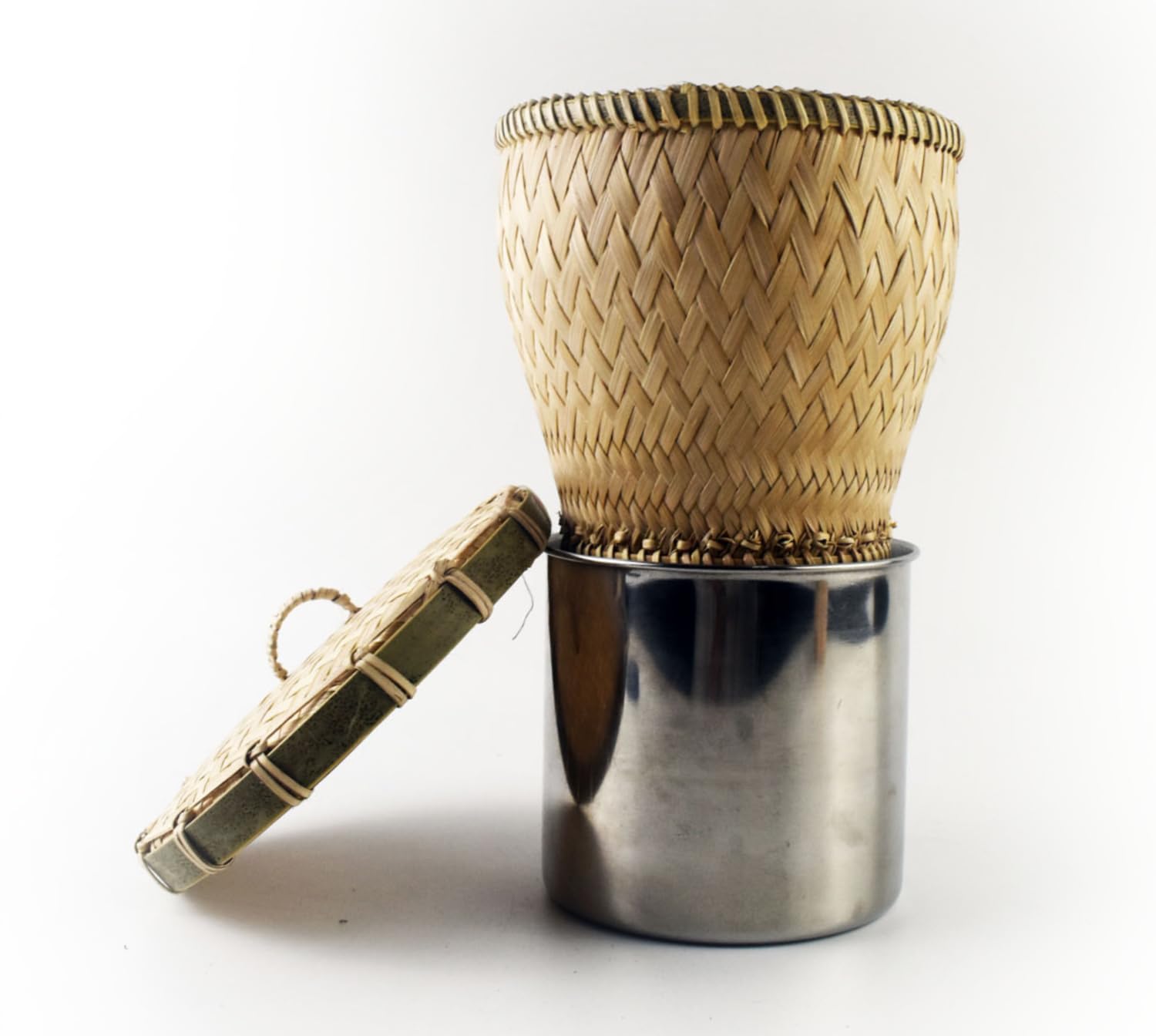 Thai Bamboo Sticky Rice Steamer Basket with Lid and mugโ Traditional Handwoven Wicker Container for Steamed Rice โ Natural Keep-Cooked Warm Food Holder for Asian Cuisine & Table Decor (Medium-5.0 in