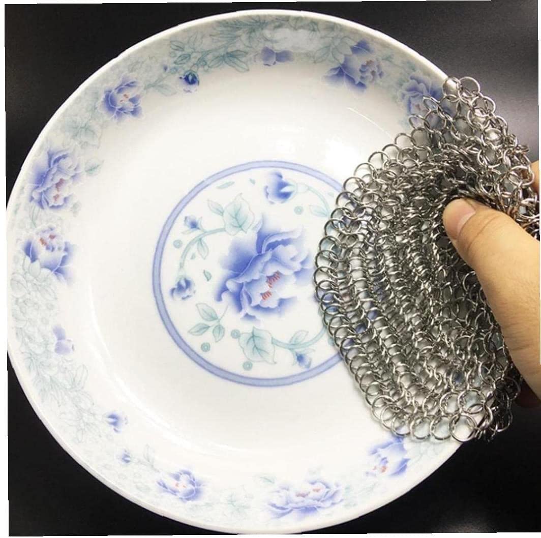 Generic 1Pcs Round Cast Iron Cleaner with Durable Plastic Pan Grill Scrapers Anti-Rust Stainless Steel Chainmail Scrubber Pot Skillets Griddles Woks Cleaning Brush Nice Design