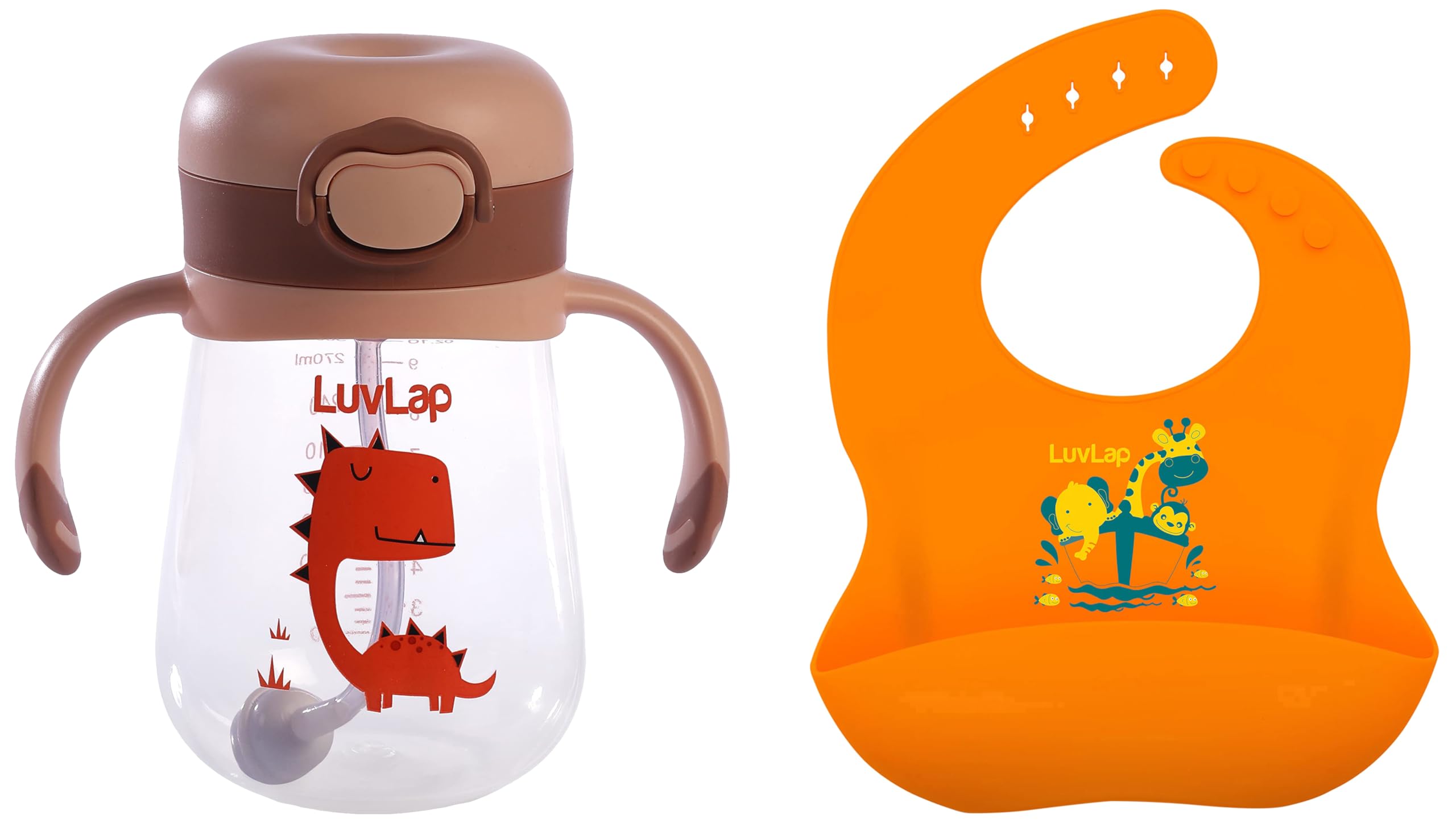 LuvLap Baby Bite Resistant Soft Silicone Straw Sipper Cup with Handle, with Weighted Straw, 6m+, 300 ml, Brown Silicone Baby Bib for Feeding & Weaning Babies & Toddlers, (Orange)-image-46