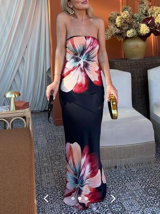 Image of Women Y2k Strapless Maxi Dress Floral Print Tube Long Dress Boho Beach Sundress Going Out Streetwear