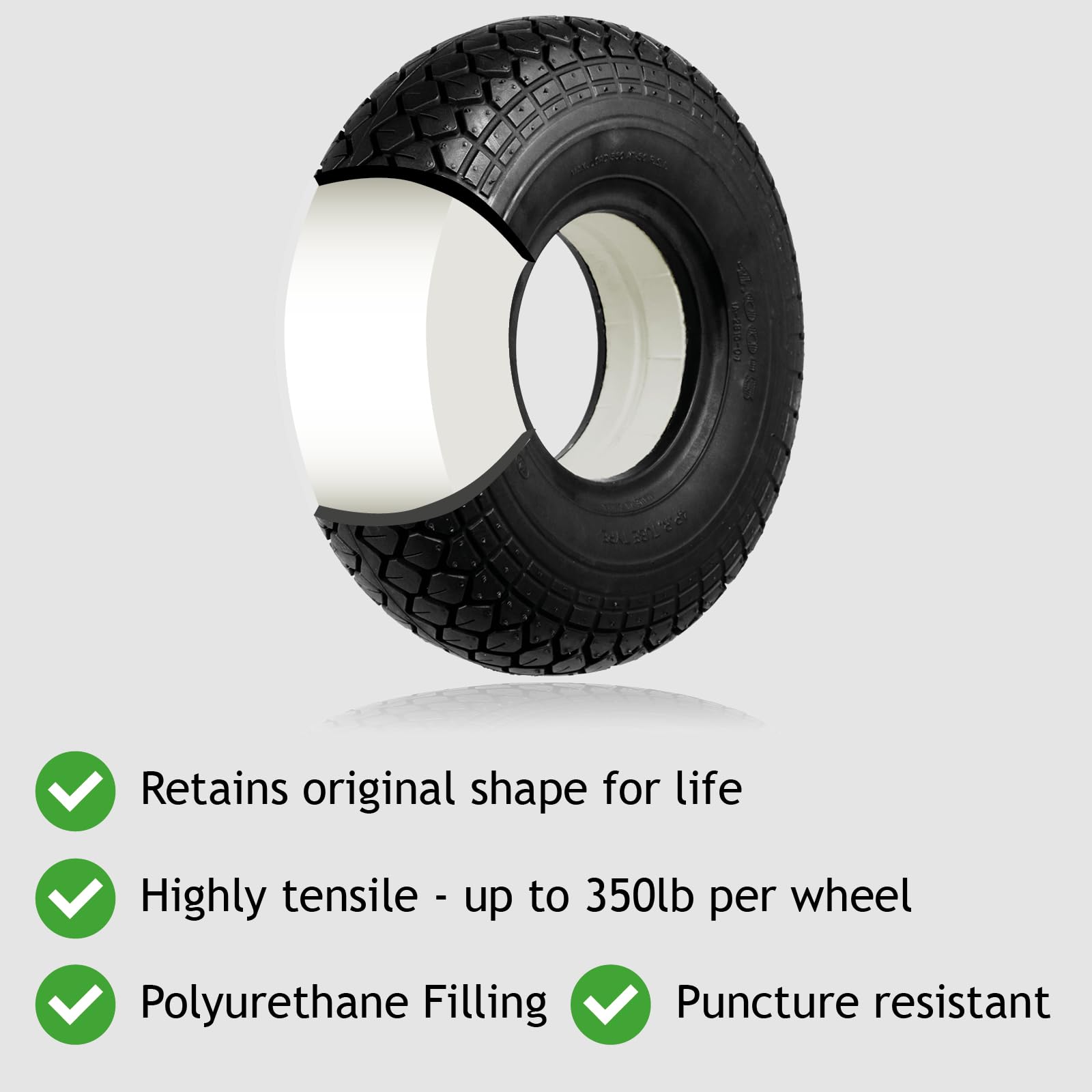 SPARES2GO Mobility Scooter Opona 4.00x5 Block Tread 4.00-5 400x5 400-5 330x100 Solid PU Filled (bez przebić, czarna)