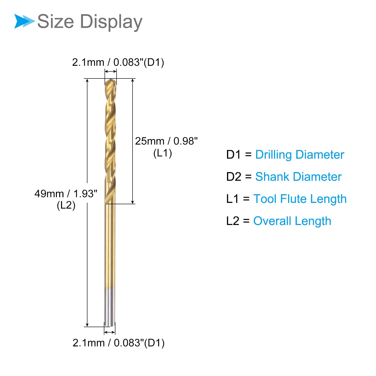 CoCud Twist Drill Bits, 2.1mm Drilling Diameter, Titanium Coated High Speed Steel 6542 Straight Round Shank - Image 2