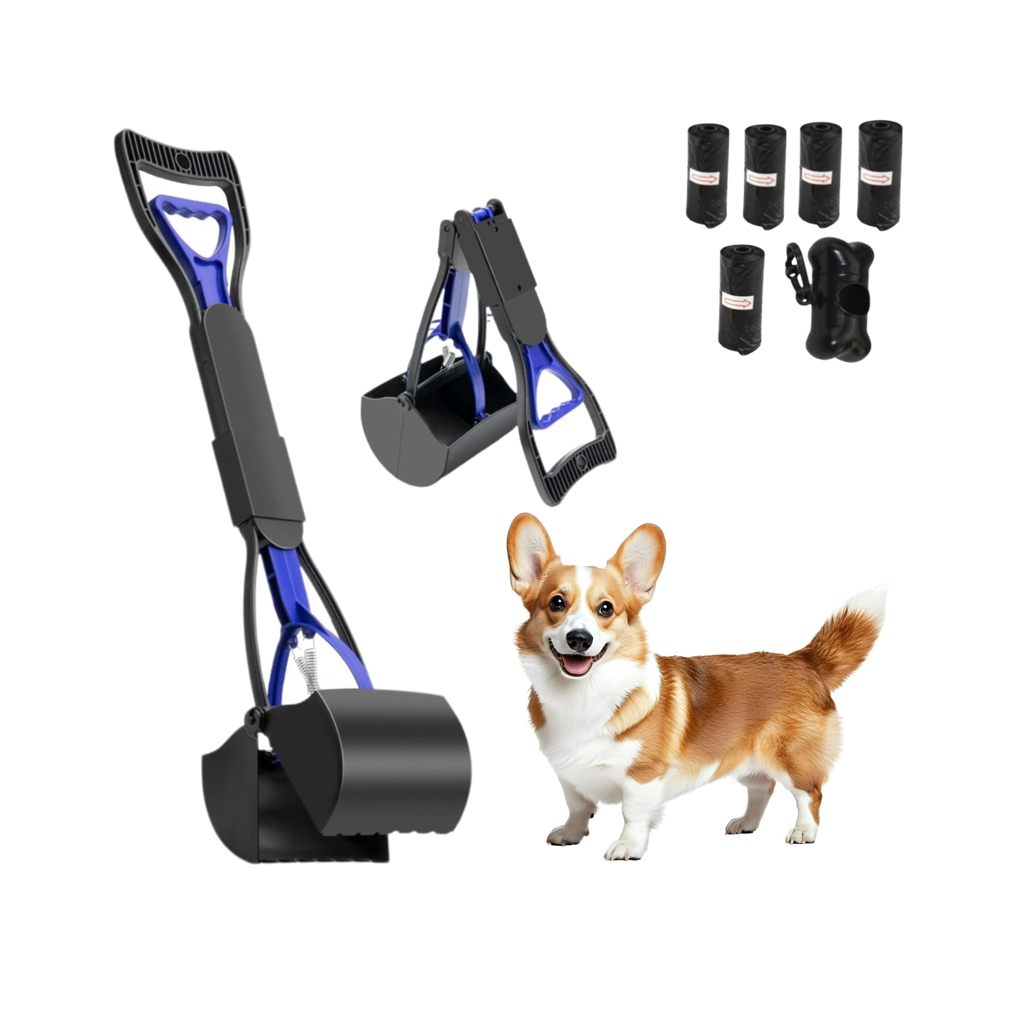 Paletta Raccogli Feci per Cani 70cm con 5 Rotoli di Sacchetti – Pinza Igienica per Escrementi Cani, Portatile Pieghevole, Materiale ABS+PP, Facile da Usare, Pulizia Rapida per Esterni e Passeggiate