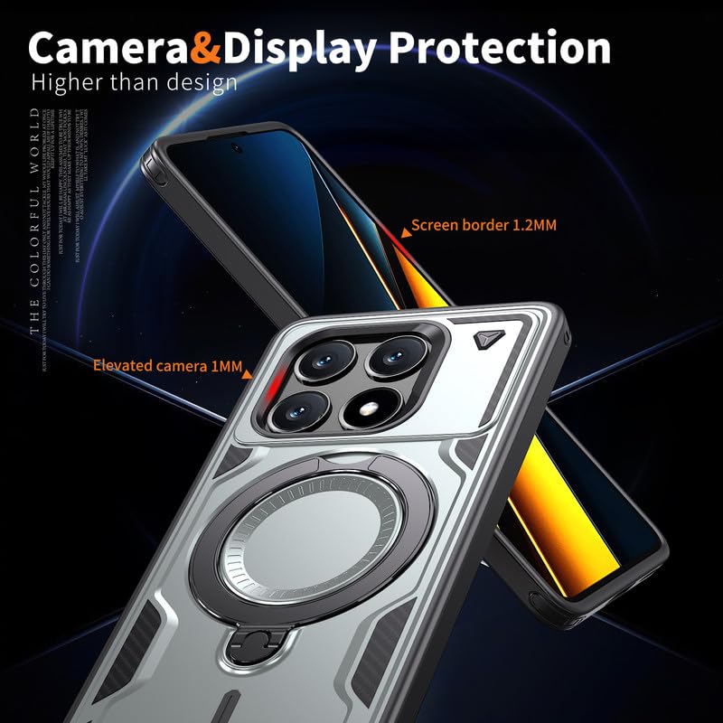 Image of Bumper Armor Shockpoof Case Compatible with Poco X6 Pro 5G, Magnetic Attraction Ring Holder Phone Cover and 360 Protection Rotate Stand Case Cover for Poco X6 Pro 5G - Silver