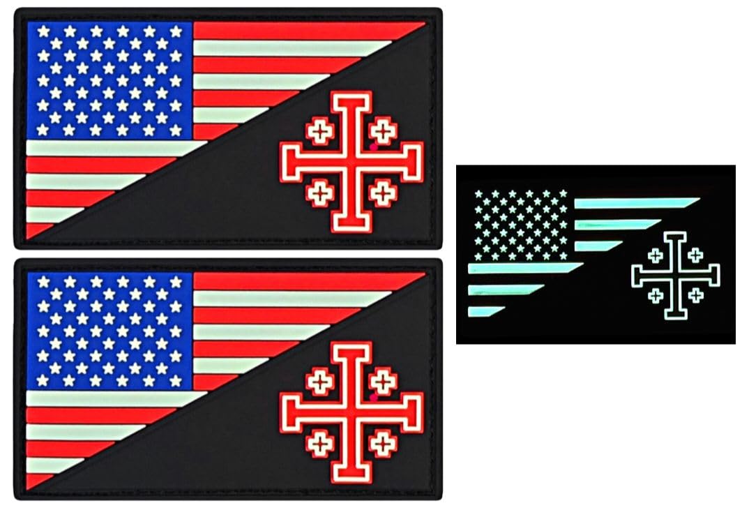 Jerusalem Cross "five-fold Cross" USA Flag PVC Patch | 2pc Hook Fastener Backing 3.5" x 2" Glow in the Dark C944