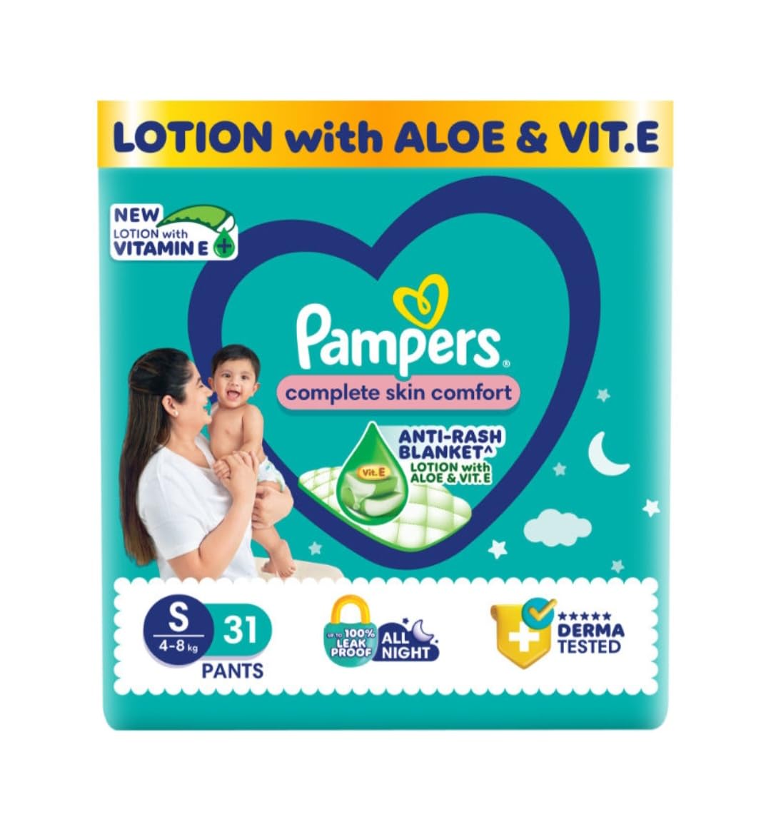 Complete Skin Comfort Pants, Anti-rash blanket, Lotion with Vitamin E & Aloe Vera, Small size baby Diapers, (S) 30 Count, 4-8 kg