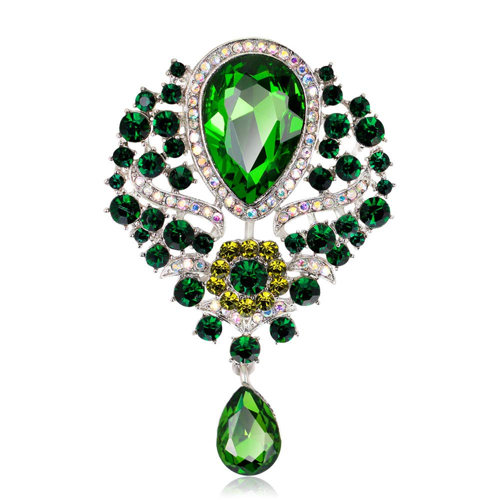 Women's Crystal Silver-Tone Bouquet Flower Teardrop Large Gorgeous Bouquet Brooch Pin (green)-image-31